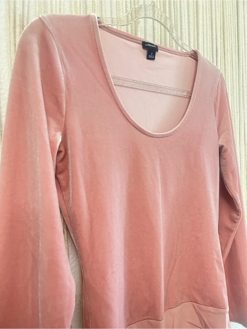 J Crew Pink Velvet Long Sleeve Bodysuit | Soft Stretch Scoop Neck Minimalist